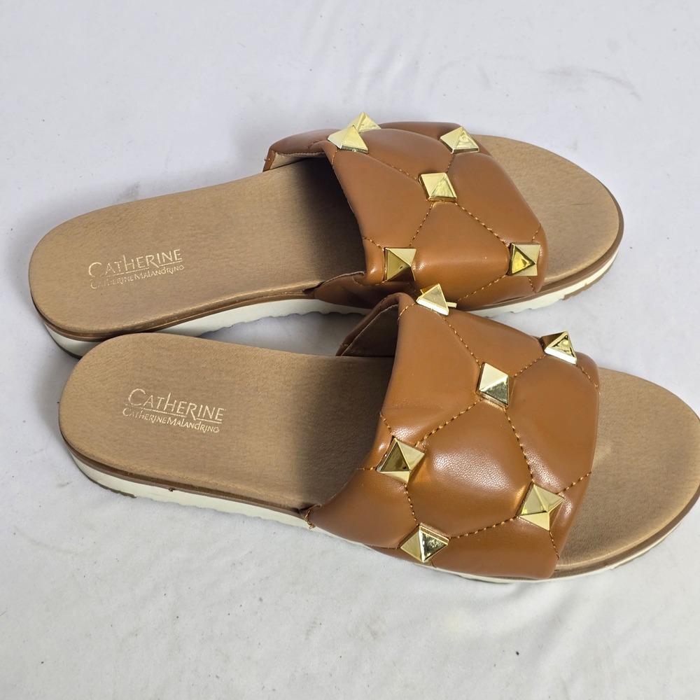 Catherine Catherine Malandrino Brown Quilted Studded Slide Sandals Womens 9 - Picture 2 of 8